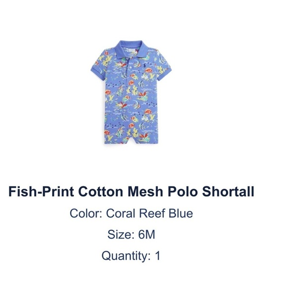 Ralph Lauren blue cotton mesh polo short all with fishes. Size 6 months. NWT. - Picture 2 of 2